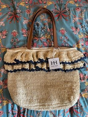 Haute Hippie Natural Straw Tote with Navy Trim and Brown Handles
